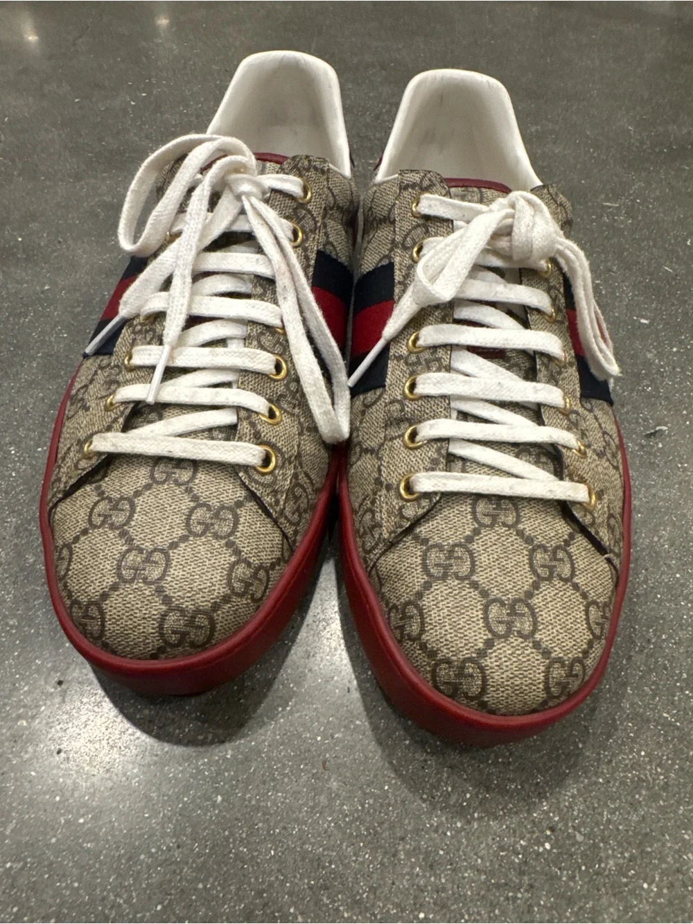 Gucci GG Supreme Canvas Sneakers with Red Trim and Navy Stripes